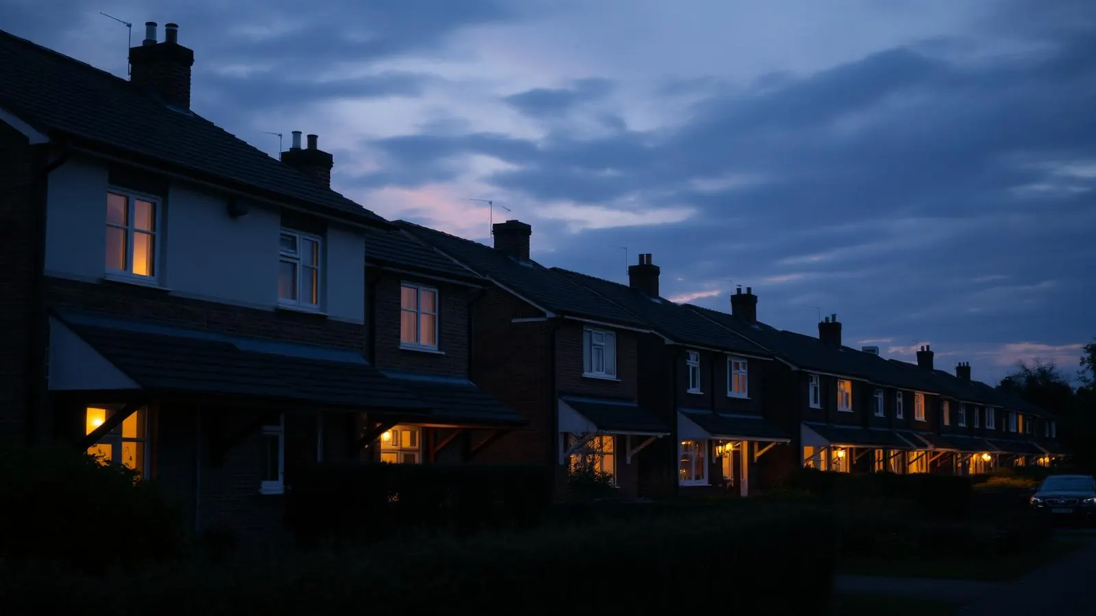 Row of UK residential houses at dusk