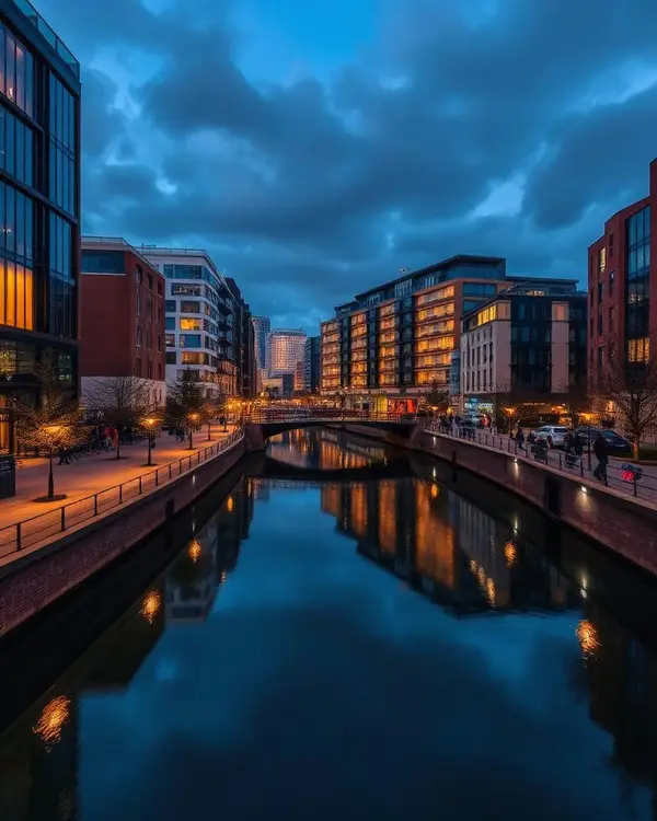 Birmingham canal side at Brindleyplace lit up in the evening
