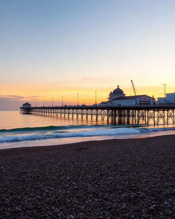 Brighton pier and pebble beach at sunset