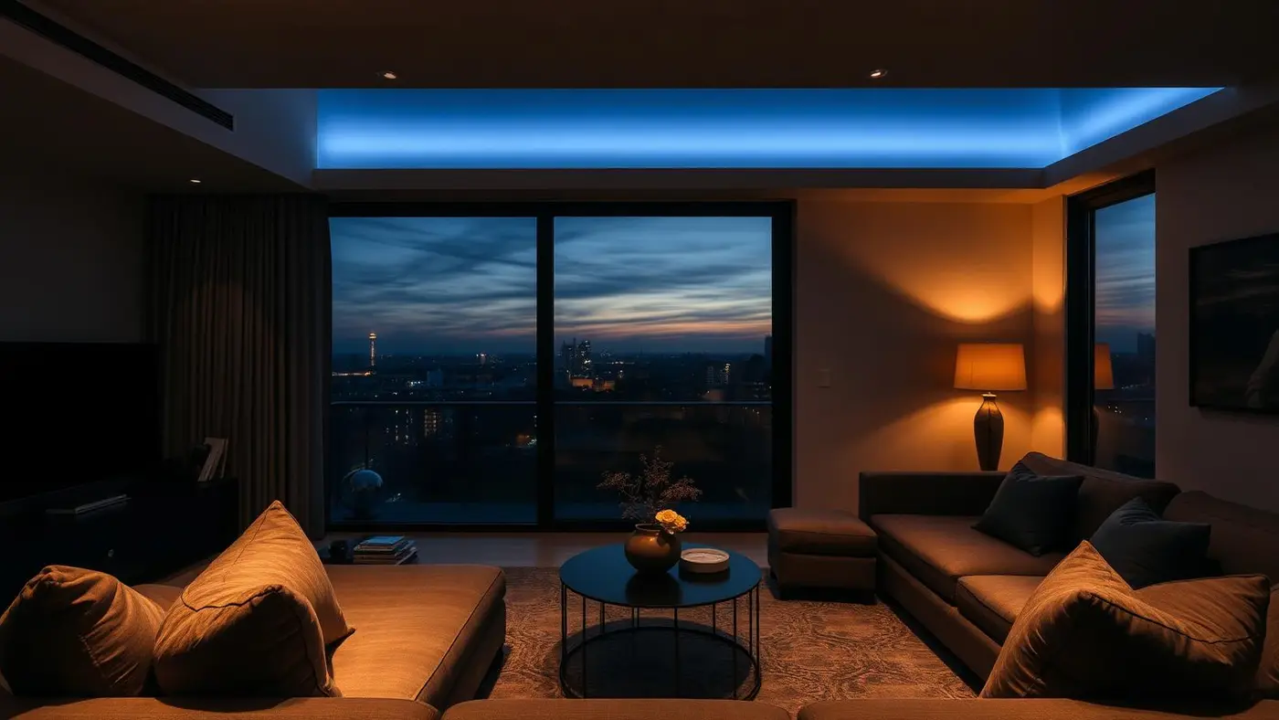 Warmly lit modern living room in a managed short-let apartment