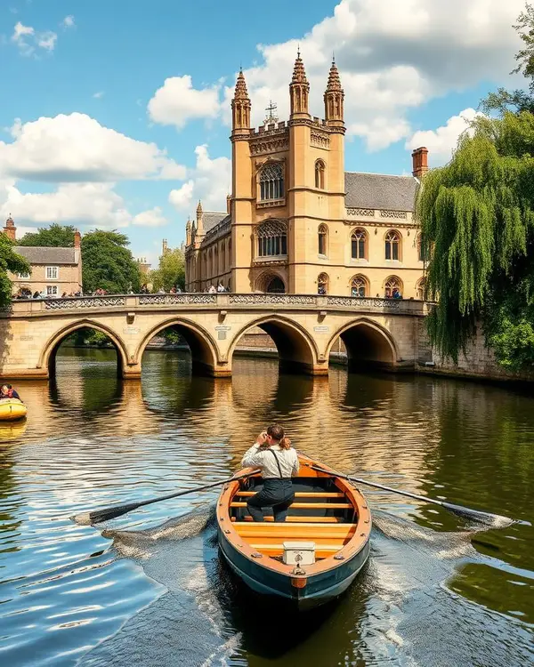 Punting on the River Cam past a Cambridge college bridge