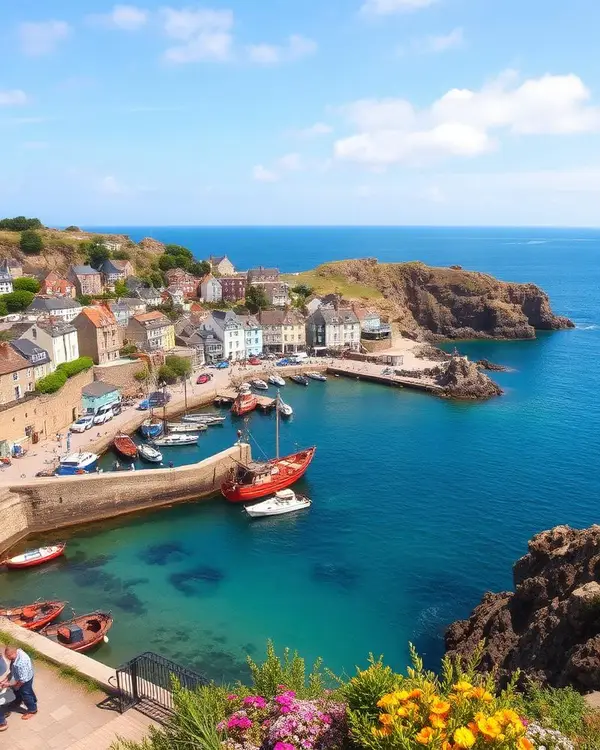 Cornish fishing harbour village with turquoise sea and cliffs