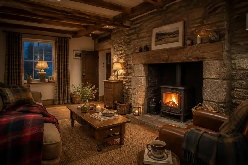 Cosy cottage living room with soft furnishings and warm lighting in Devon