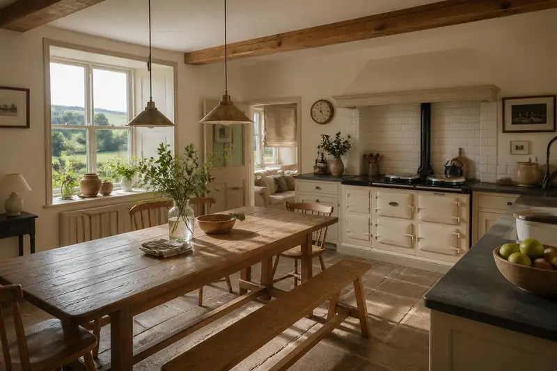 Farmhouse interior with exposed stone walls, beams and a warm country kitchen in Reeth