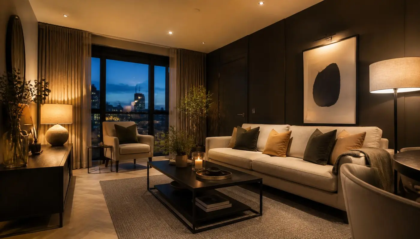 Styled short-let living room interior at dusk