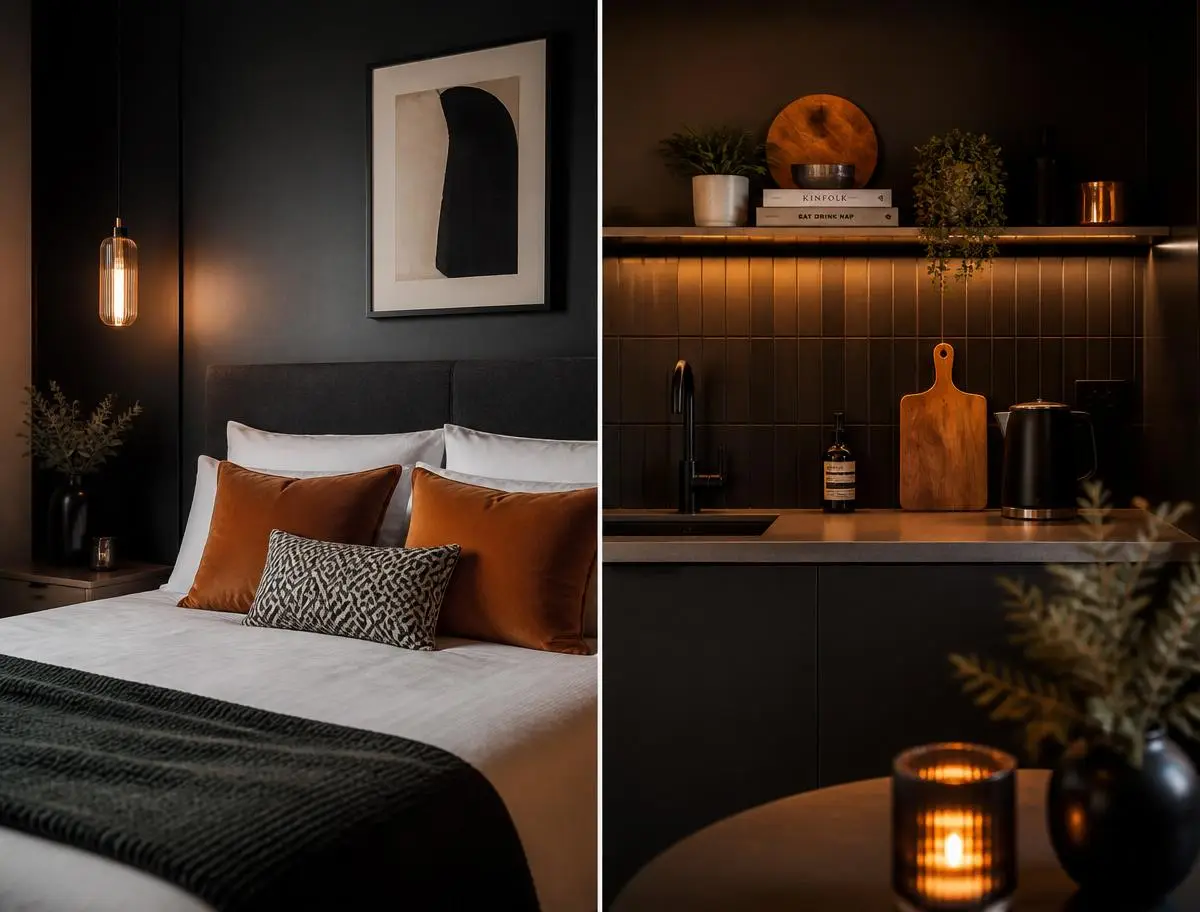 Styled short-let bedroom and kitchen details