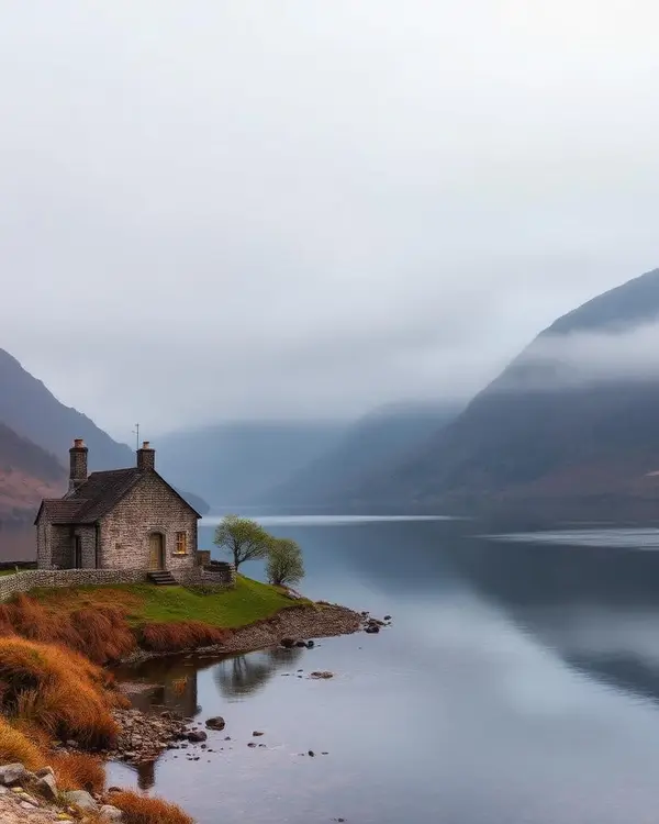 Stone cottage beside a misty Lake District lake and fells