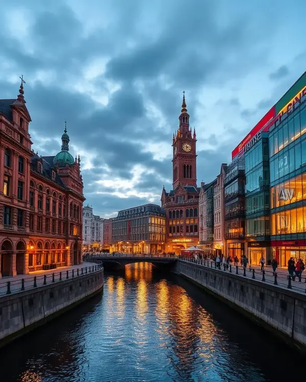 Leeds city centre with Victorian architecture at dusk