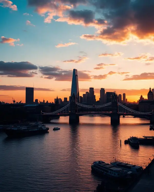 London skyline with Tower Bridge over the River Thames at sunset