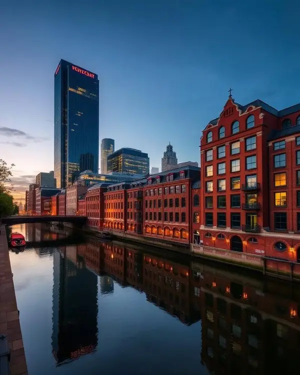 Manchester canal side with red brick warehouses and modern towers