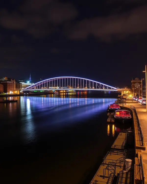 Newcastle quayside bridges lit up over the River Tyne at night