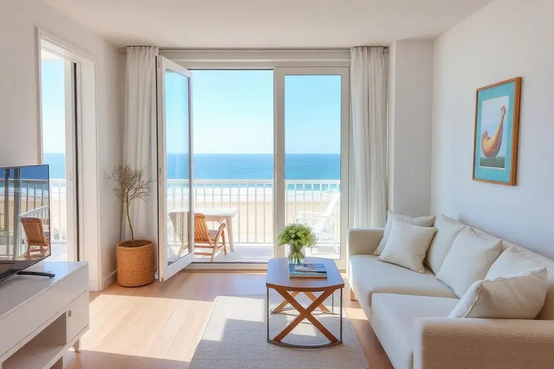 Bright waterside apartment living space with large windows and a water view in Devon