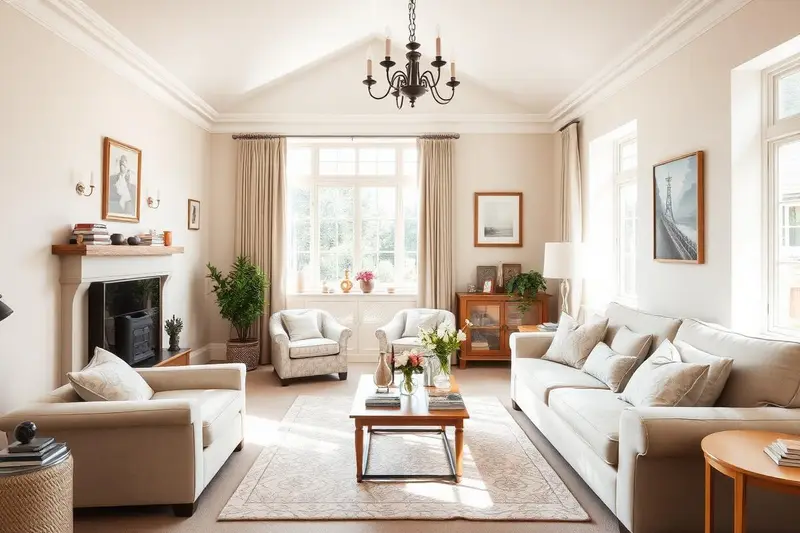 Bright family home living room with neutral furnishings and warm daylight in Basildon