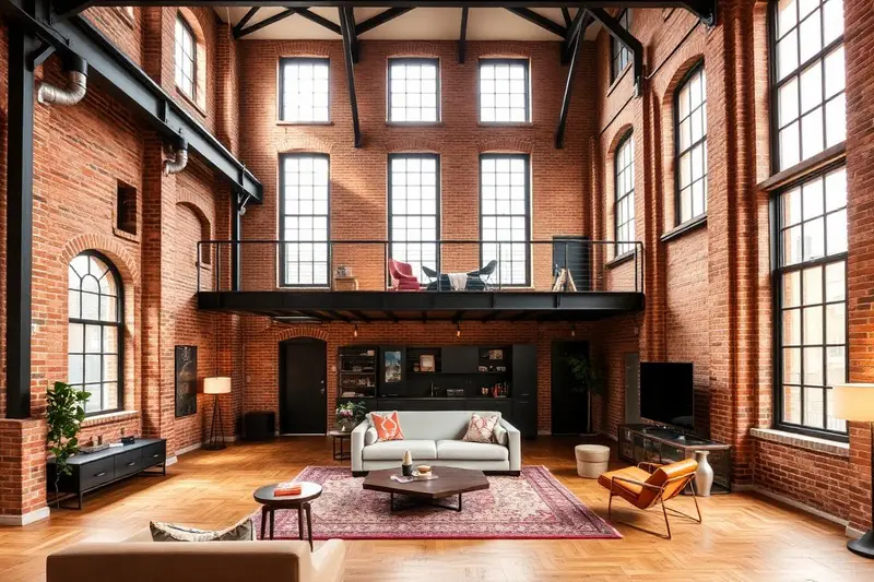 Converted loft apartment with exposed brick walls, steel beams and tall windows in Hackney