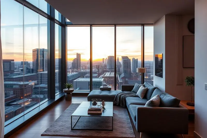 Modern apartment living room with floor to ceiling windows and city views in Basildon