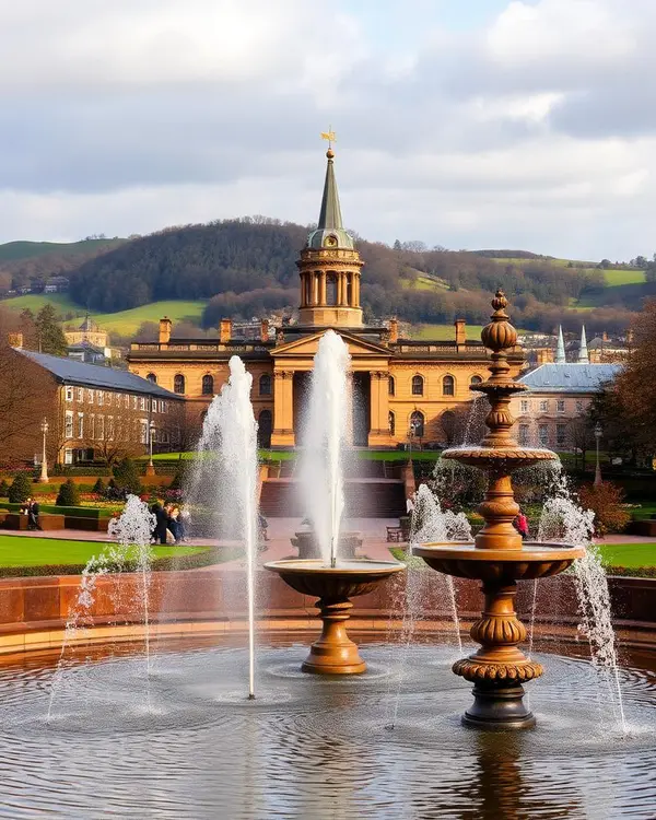 Sheffield Peace Gardens fountains with green hills behind