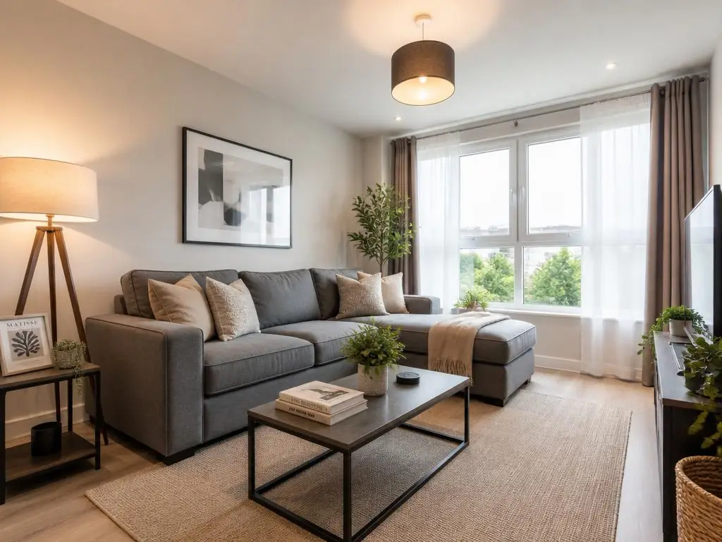 Professionally staged short-let living room