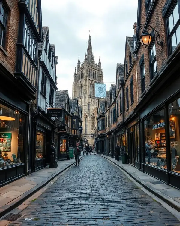 Cobbled medieval street in York with the Minster behind